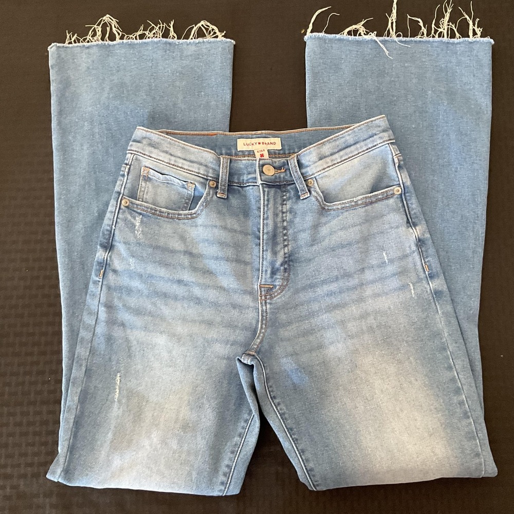Lucky Brand Stevie High Rise Flare Jeans Womens 6/28 R Blue Distressed Raw Hem - Picture 2 of 13